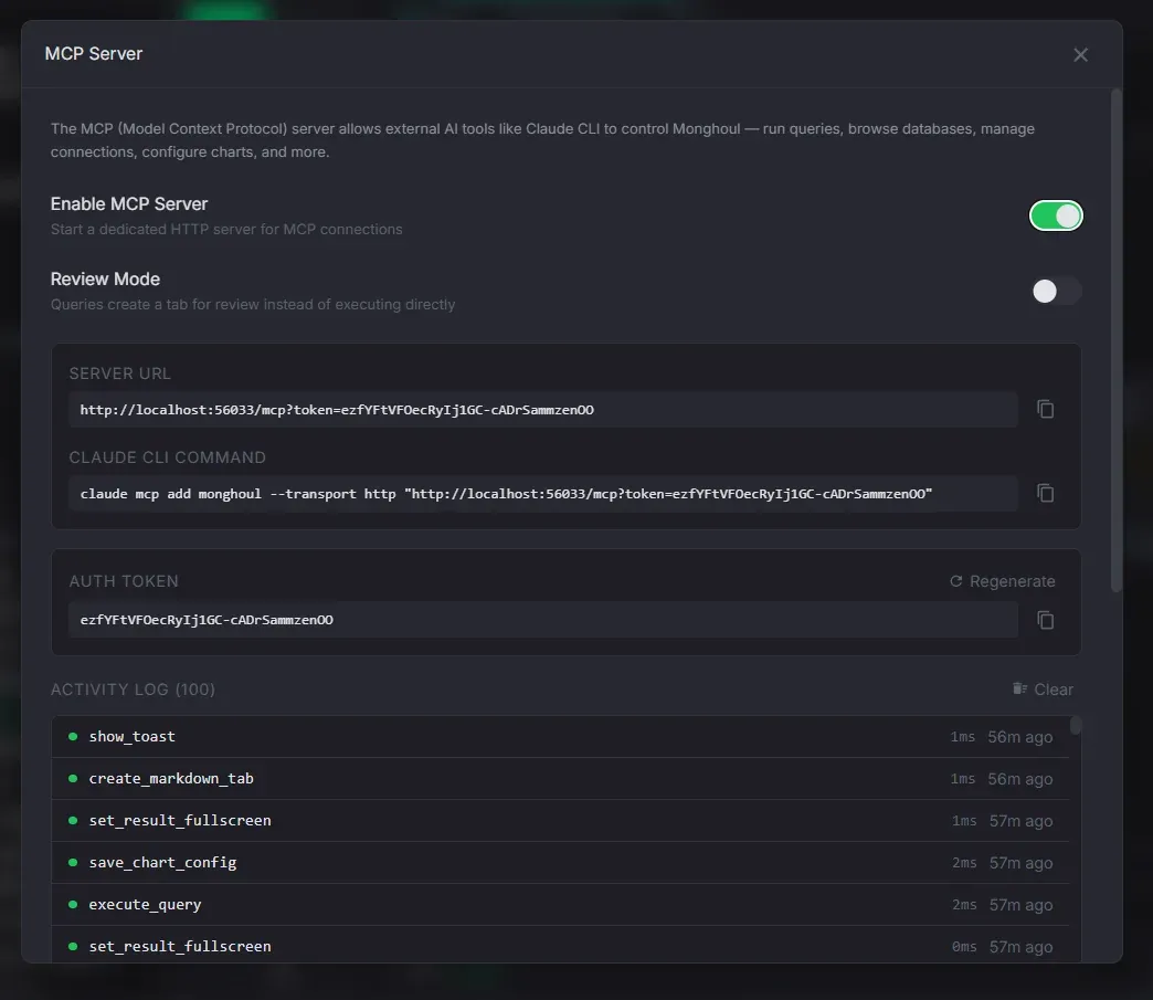 MCP Server — AI assistant querying MongoDB through Monghoul